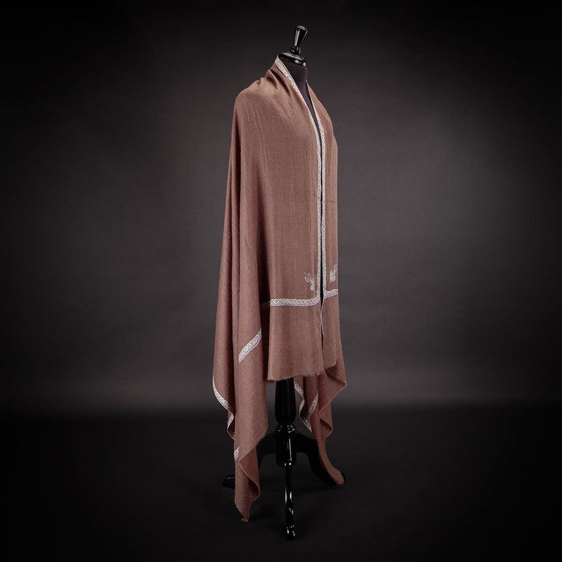 Hand-crafted cashmere & silk pashmina embroidered with white thread on a chocolate background finest quality special shawl