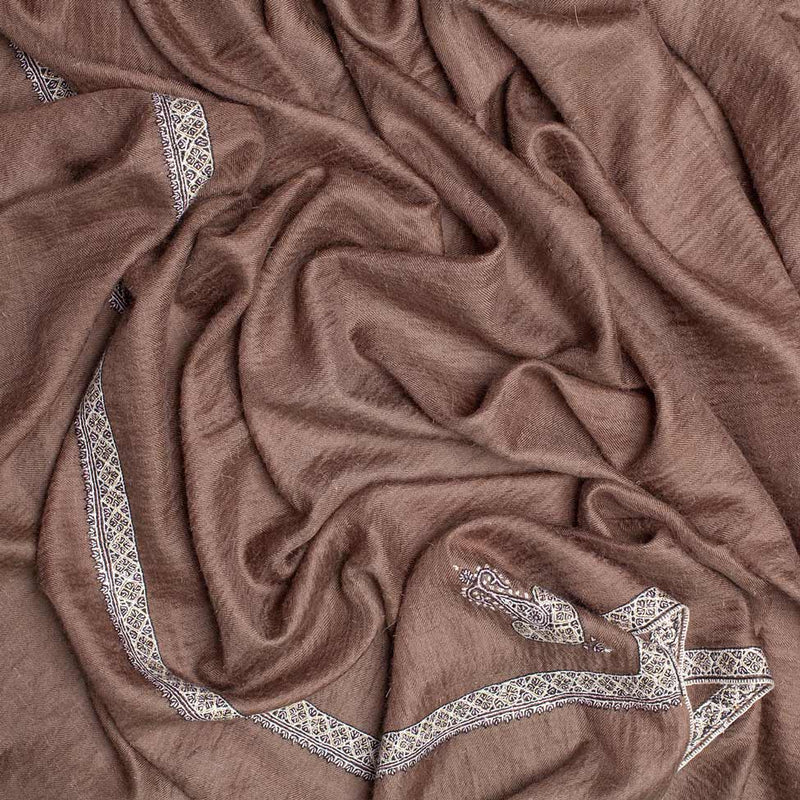 Hand-crafted cashmere & silk pashmina embroidered with white thread on a chocolate background finest quality special shawl