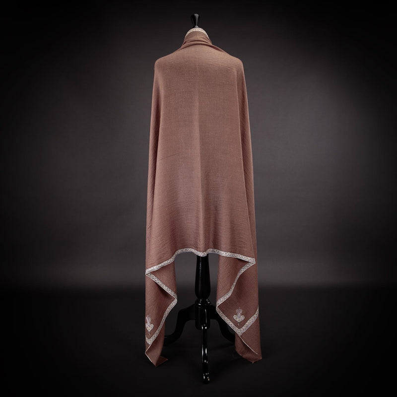 Hand-crafted cashmere & silk pashmina embroidered with white thread on a chocolate background finest quality special shawl