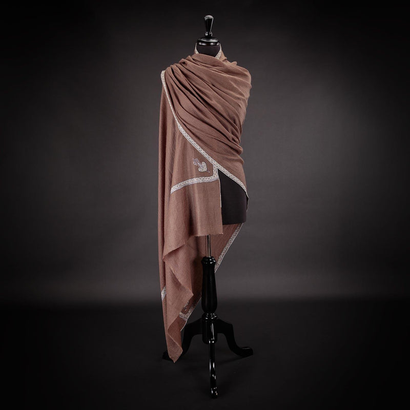 Hand-crafted cashmere & silk pashmina embroidered with white thread & chocolate background finest-quality By The Wool Company