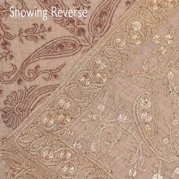 Hand-crafted 100% cashmere pashmina heavily embroidered with gold thread on a beige background finest-quality exquisite shawl