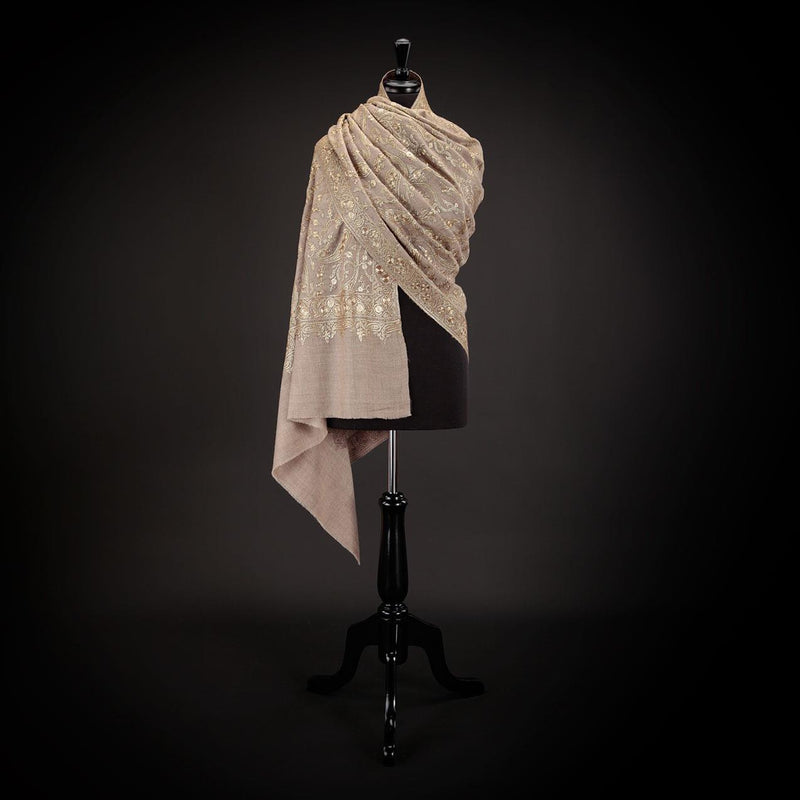 Hand-crafted 100% cashmere pashmina heavily embroidered with gold thread on a beige background finest-quality exquisite shawl