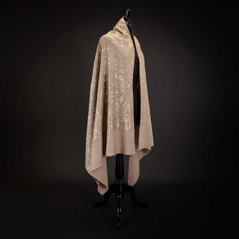 Hand-crafted 100% cashmere pashmina heavily embroidered with gold thread on a beige background finest-quality exquisite shawl