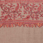 Hand-crafted 100% cashmere pashmina embroidered with red & orange thread on a neutral background finest-quality special shawl
