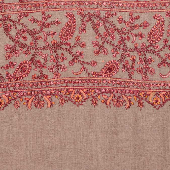 Hand-crafted 100% cashmere pashmina embroidered with red & orange thread on a neutral background finest-quality special shawl