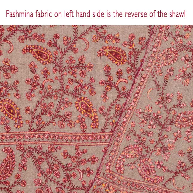 Hand-crafted 100% cashmere pashmina embroidered with red & orange thread on a neutral background finest-quality special shawl