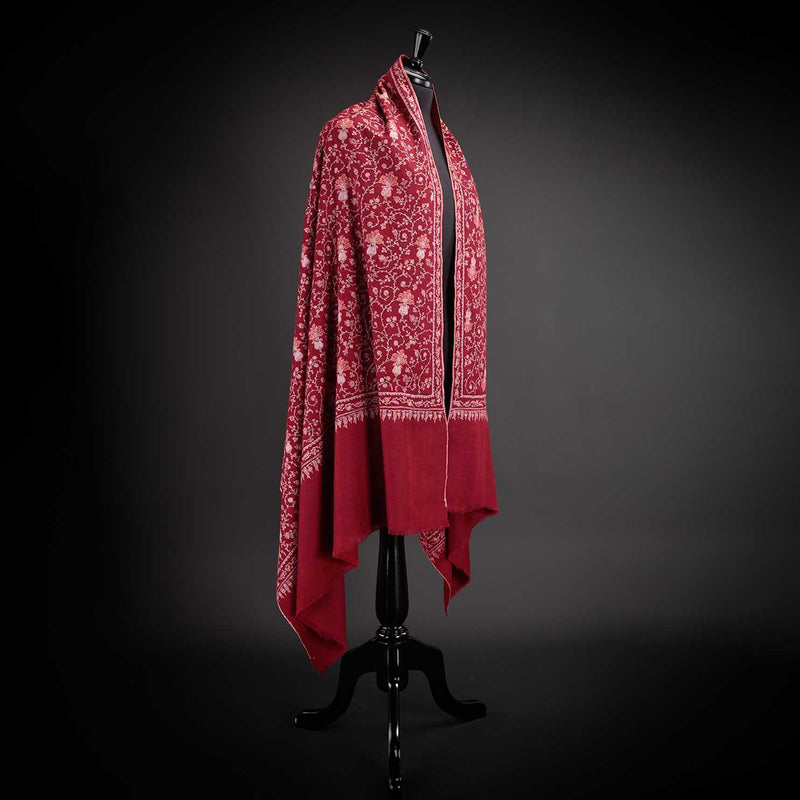 Hand-crafted 100% cashmere pashmina embroidered with white & orange thread on a red background finest-quality exquisite shawl