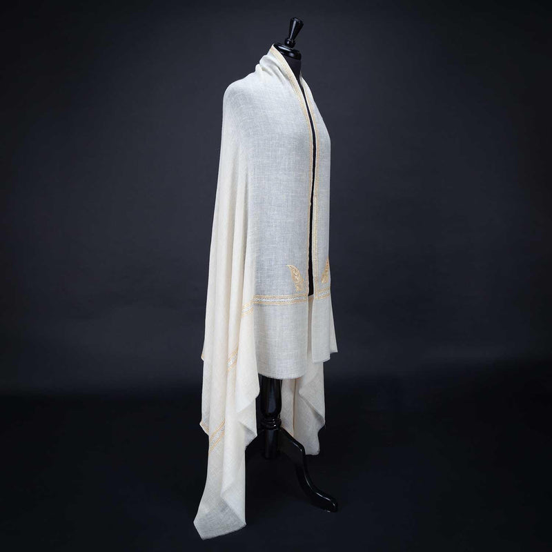 Hand-crafted 100% embroidered cashmere pashmina  natural creamy white with gold thread finest-quality super-soft shawl