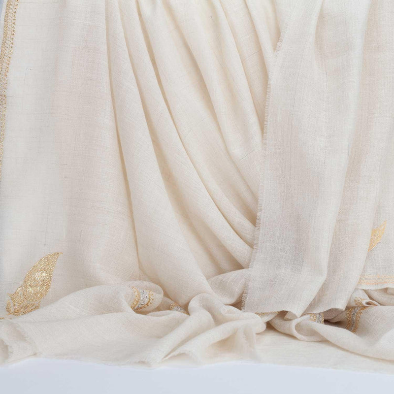 Hand-crafted 100% embroidered cashmere pashmina  natural creamy white with gold thread finest-quality super-soft shawl