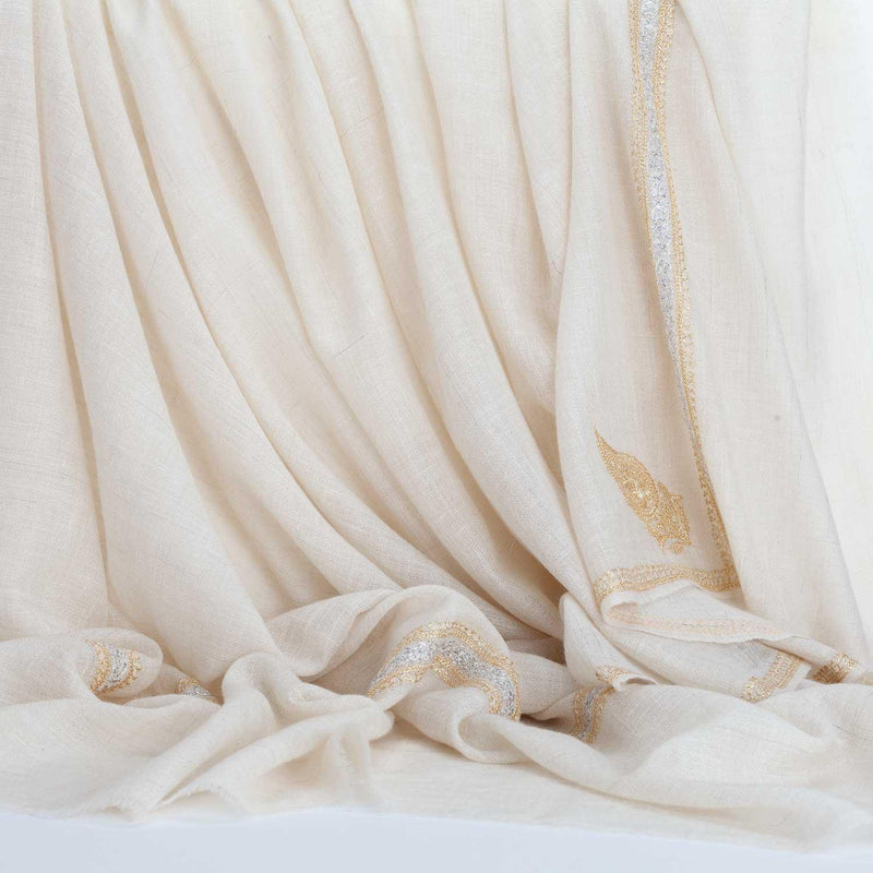 Hand-crafted 100% embroidered cashmere pashmina  natural creamy white with gold thread finest-quality super-soft shawl