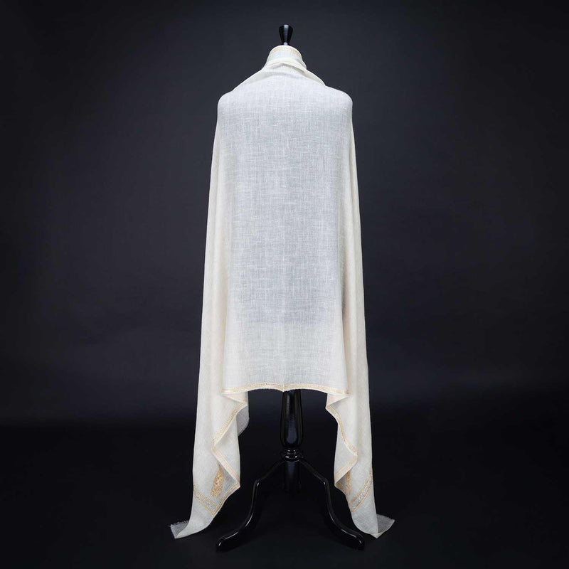 Hand-crafted 100% embroidered cashmere pashmina  natural creamy white with gold thread finest-quality super-soft shawl