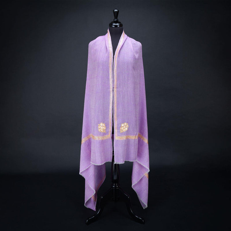 Hand-crafted 100% embroidered cashmere pashmina lavender with gold & orange thread finest-quality super-soft shawl