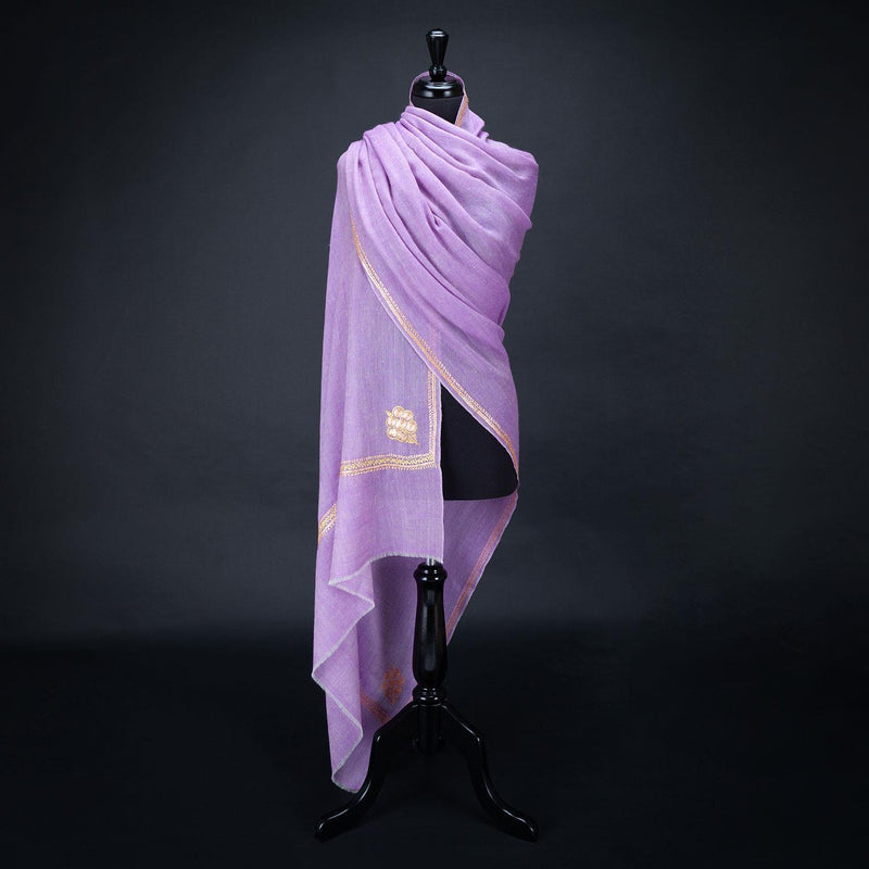 Hand-crafted 100% embroidered cashmere pashmina lavender with gold & orange thread finest-quality From The Wool Company