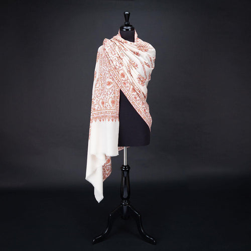 Hand-crafted 100% cashmere pashmina embroidered with orange pink & gold thread on a neutral background By The Wool Company