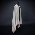 Hand-crafted 100% cashmere pashmina embroidered stripes of white & dark green thread on a neutral background finest-quality