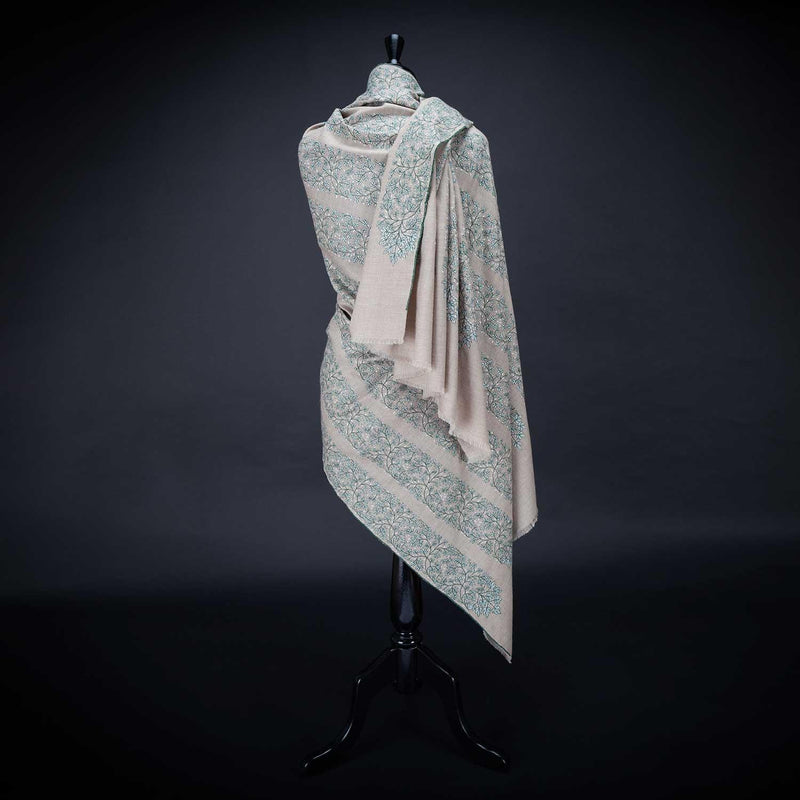 Hand-crafted 100% cashmere pashmina embroidered stripes of white & dark green thread on a neutral background finest-quality