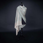 Hand-crafted 100% cashmere pashmina embroidered stripes white & dark green thread on neutral background By The Wool Company