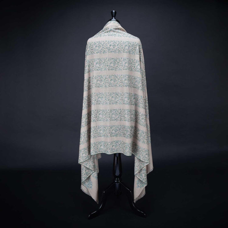 Hand-crafted 100% cashmere pashmina embroidered stripes of white & dark green thread on a neutral background finest-quality