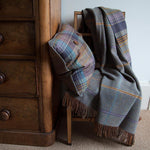 Made in Scotland Heritage lambswool throw double-faced grey, purple and heather checks thick & super-soft top-quality