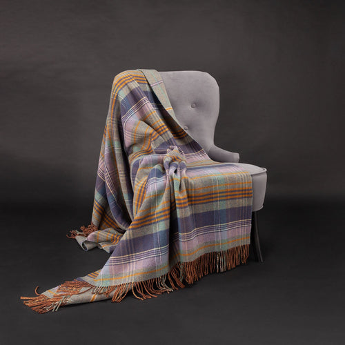 Made in Scotland Heritage lambswool throw double-faced grey, purple and heather checks thick & super-soft top-quality