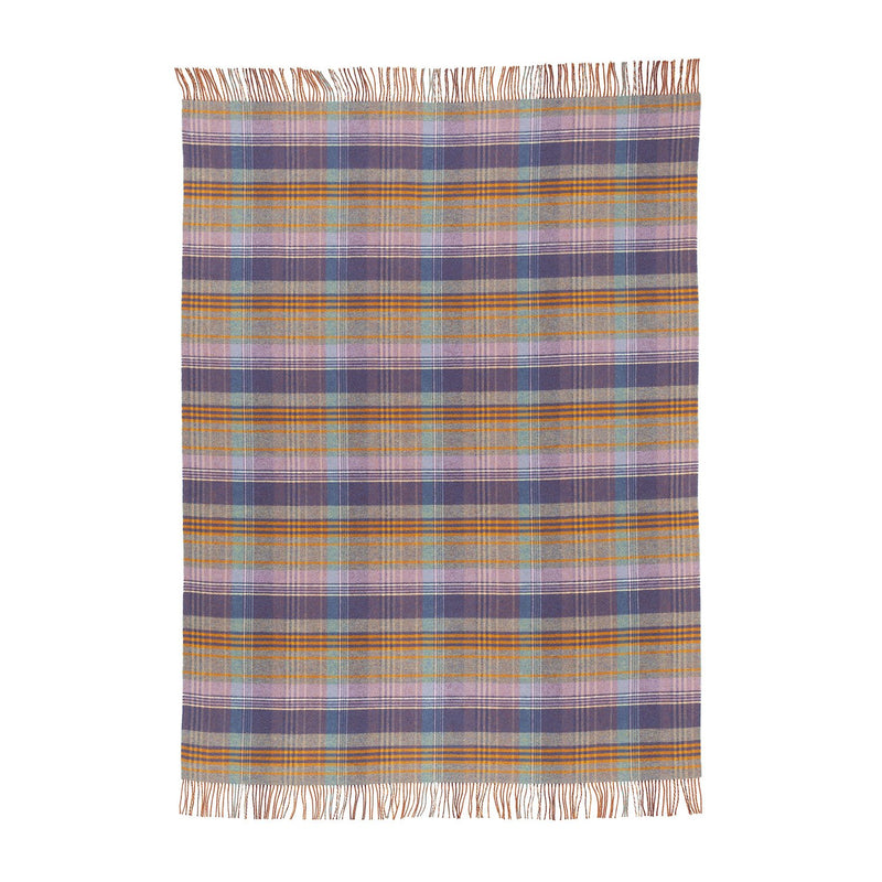 Made in Scotland Heritage lambswool throw double-faced grey, purple and heather checks thick & super-soft top-quality