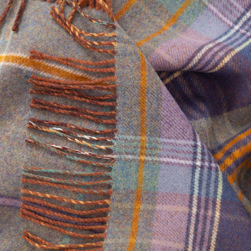 Made in Scotland Heritage lambswool throw double-faced grey, purple and heather checks thick & super-soft top-quality