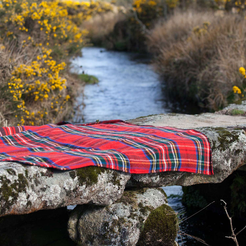Classic Royal Stewart tartan picnic rug with black damp proof backing 100% pure new wool made in Scotland top-quality