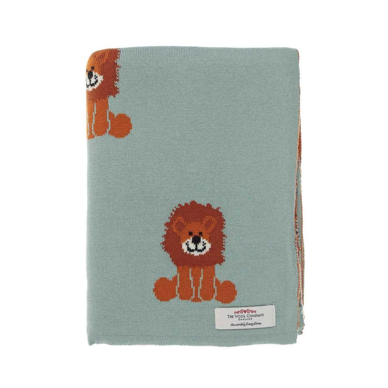 Super-soft blue-green 100% cotton baby blanket with Lenny lion characters in tan & orange top-quality From The Wool Company