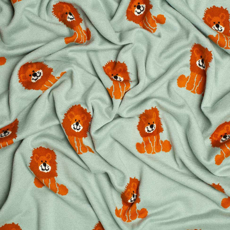 Soft blue-green 100% cotton baby blanket with cute Lenny lion characters in tan & orange perfect for all seasons top-quality
