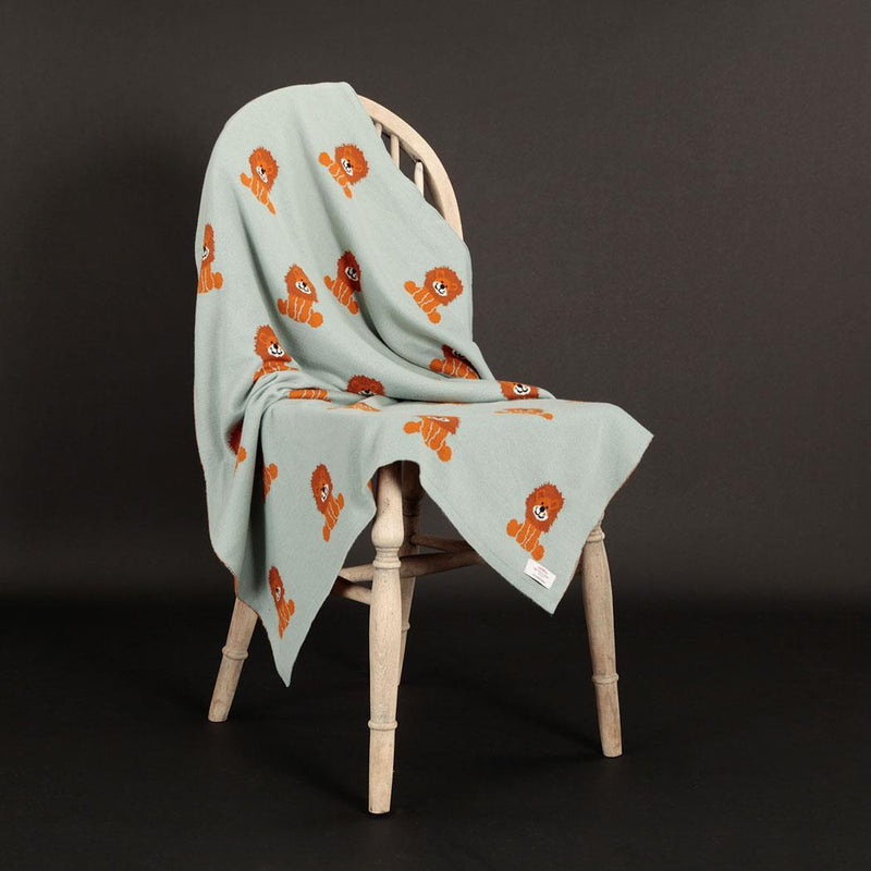 Soft blue-green 100% cotton baby blanket with cute Lenny lion characters in tan & orange perfect for all seasons top-quality