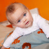 Soft blue-green 100% cotton baby blanket with cute Lenny lion characters in tan & orange perfect for all seasons top-quality