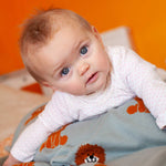 Soft blue-green 100% cotton baby blanket with cute Lenny lion characters in tan & orange perfect for all seasons top-quality