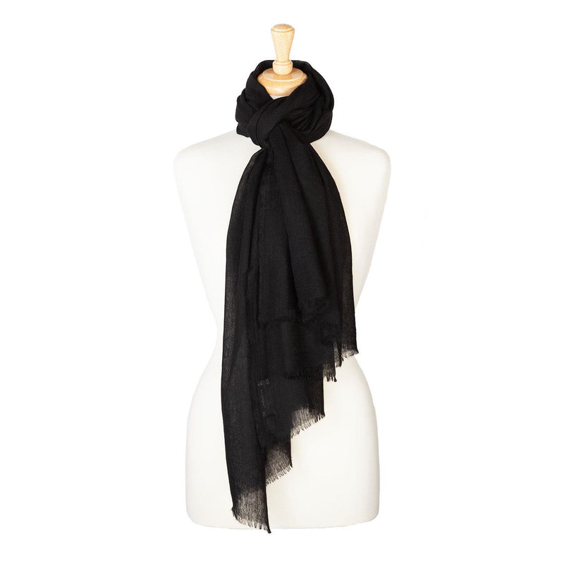Fine wool and silk blend shawl in classic black with a soft fringe edge super-soft lightweight & warm top-quality
