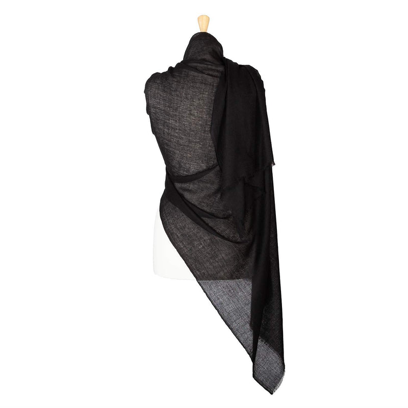 Fine wool and silk blend shawl in classic black with a soft fringe edge super-soft lightweight & warm top-quality