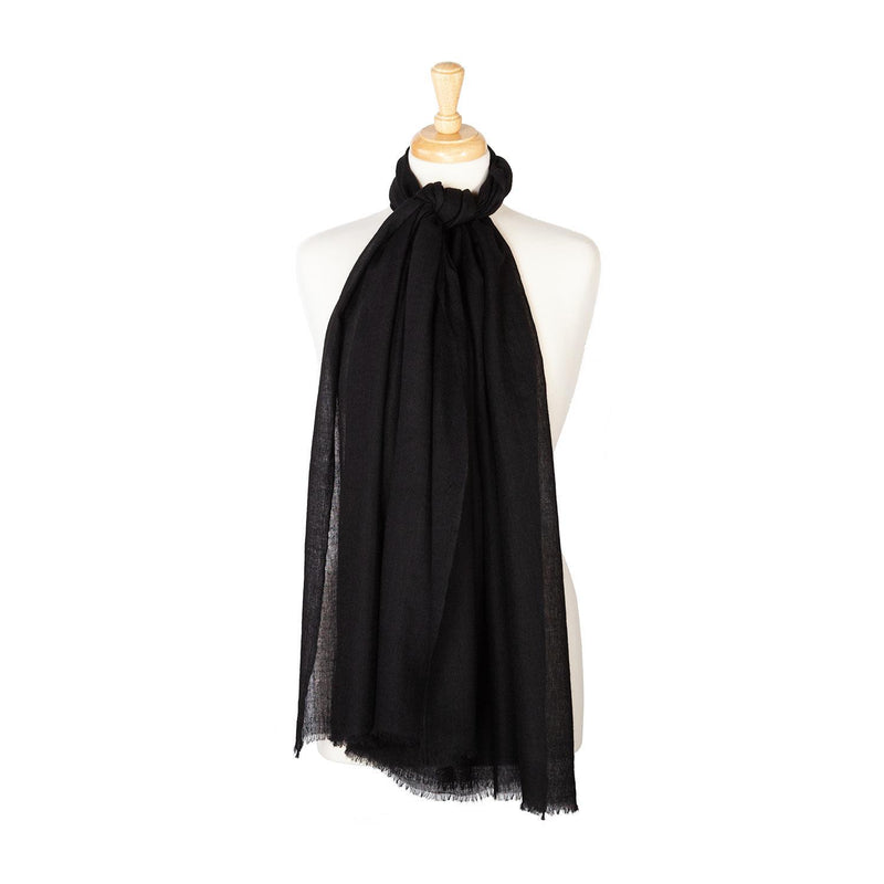 Fine wool and silk blend shawl in classic black with a soft fringe edge super-soft lightweight & warm top-quality