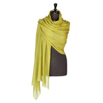 Fine wool & silk blend shawl in vibrant green chartreuse with soft fringe lightweight & warm top-quality By The Wool Company