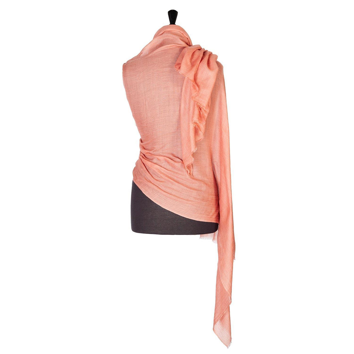 Fine wool & silk blend shawl in soft coral tones with a soft fringe edge super-soft lightweight & warm top-quality