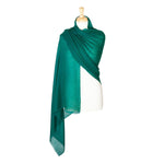 Fine wool & silk blend shawl in dark emerald green with a soft fringe edge lightweight & warm top-quality By The Wool Company