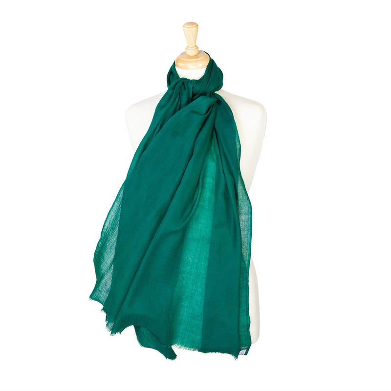 Fine wool & silk blend shawl in dark emerald green with a soft fringe edge super-soft lightweight & warm top-quality