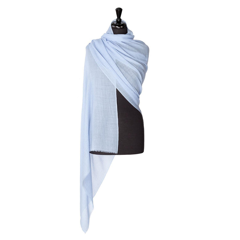 Fine wool & silk blend shawl in soft pale blue with a soft fringe edge lightweight & warm top-quality By The Wool Company