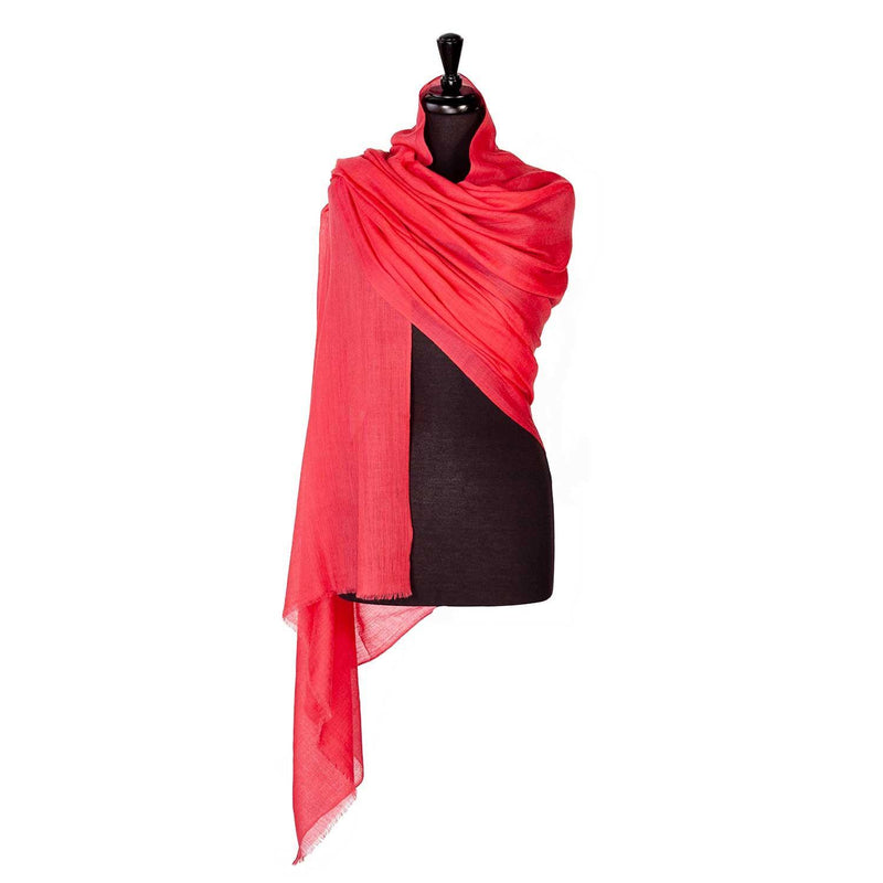 Fine wool & silk blend shawl in vibrant raspberry tones with a soft fringe lightweight & warm top-quality By The Wool Company