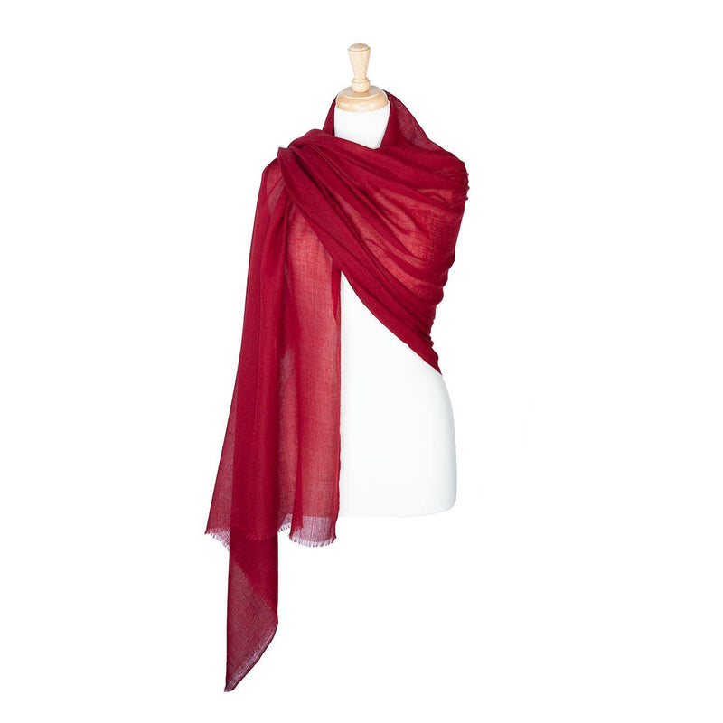 Fine wool & silk blend shawl in rich russet red with a soft fringe edge lightweight & warm top-quality By The Wool Company
