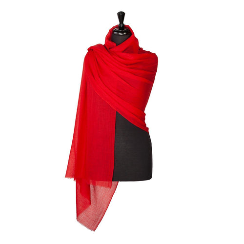 Fine wool & silk blend shawl in vibrant scarlet with a soft fringe edge lightweight & warm top-quality By The Wool Company