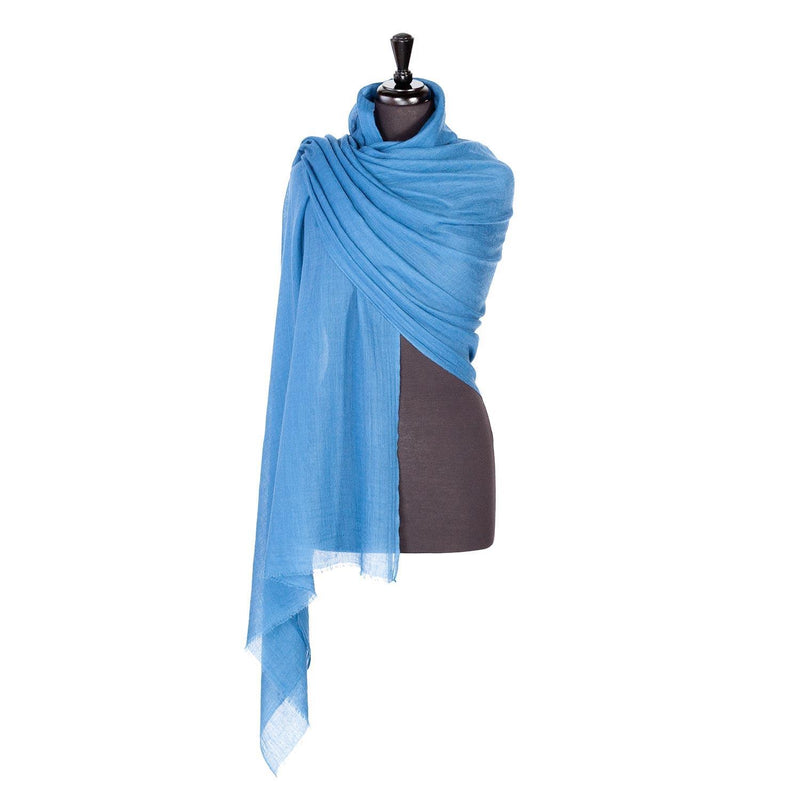 Fine wool & silk blend shawl in summer sky blue with a soft fringe edge lightweight & warm top-quality By The Wool Company