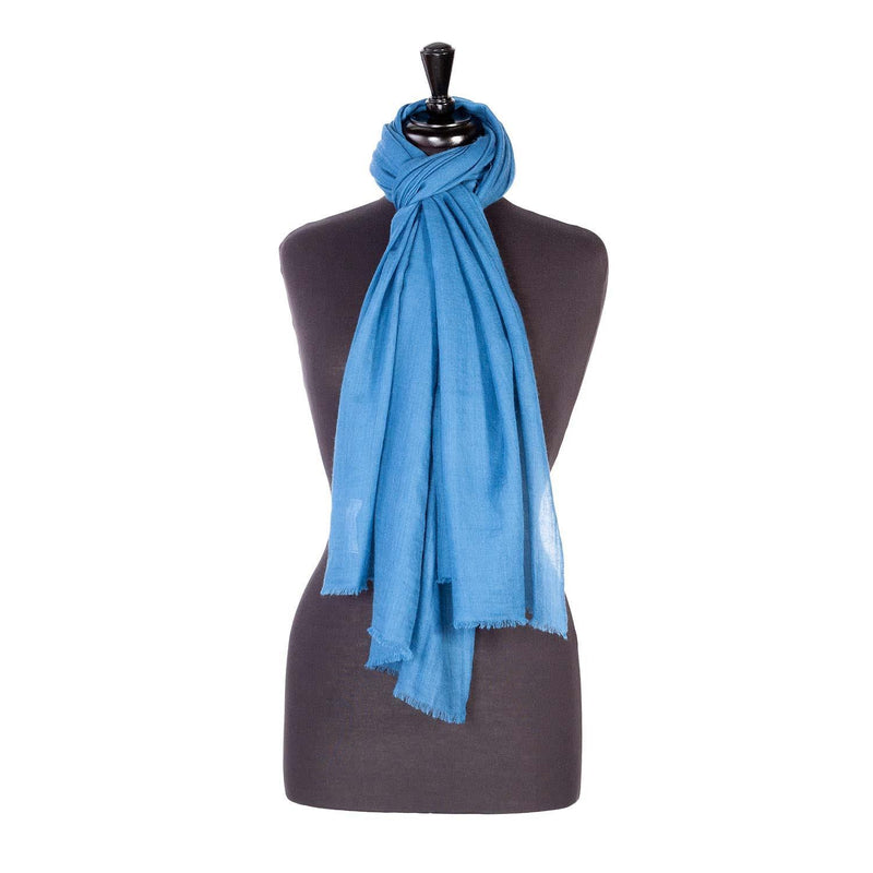 Fine wool & silk blend shawl in summer sky blue with a soft fringe edge super-soft lightweight & warm top-quality
