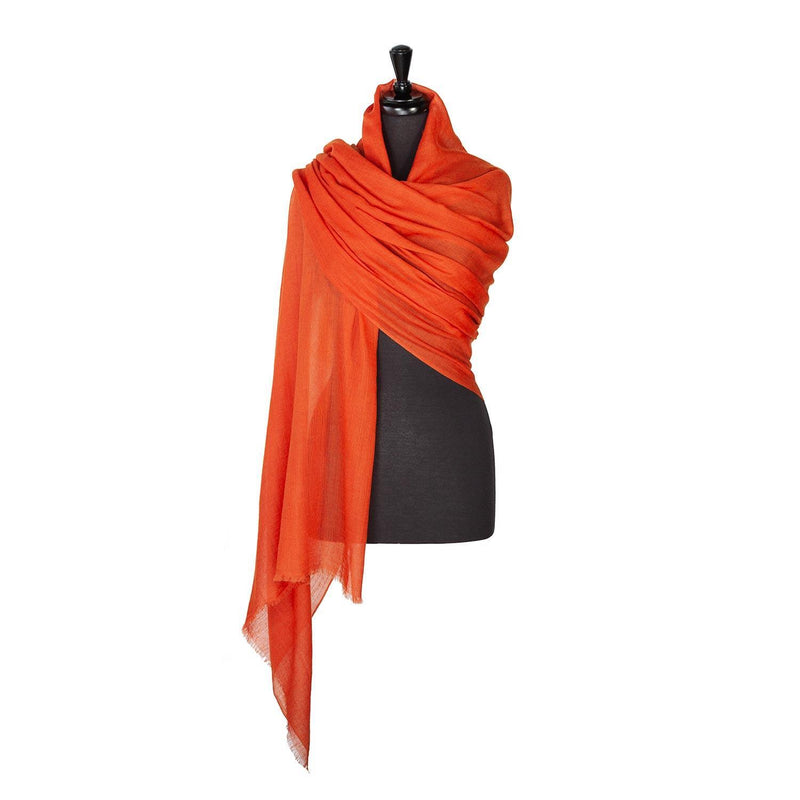 Fine wool & silk blend shawl in a rich terracotta with a soft fringe edge lightweight & warm top-quality By The Wool Company