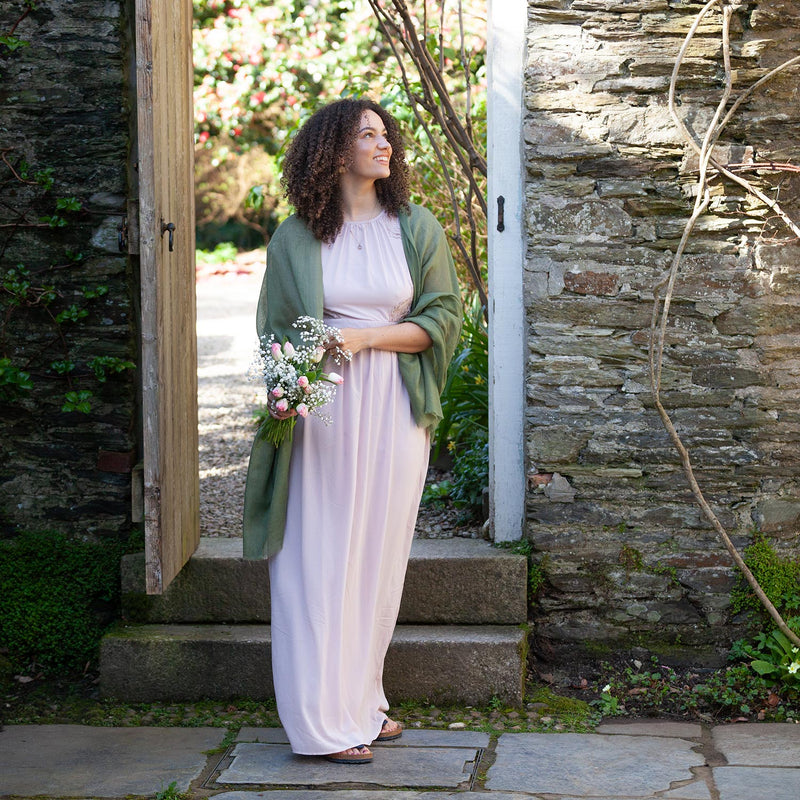Fine wool & silk blend shawl in a khaki green colourway with a soft fringe edge super-soft lightweight & warm top-quality