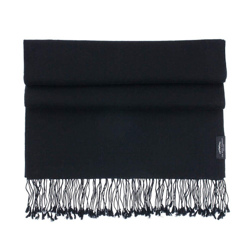 Genuine 100% cashmere pashmina in classic black with a tasselled fringe lightweight & warm finest-quality By The Wool Company