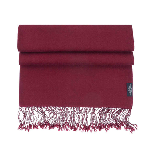 Genuine 100% cashmere pashmina deep burgundy colour, tasselled fringe lightweight & warm finest-quality By The Wool Company