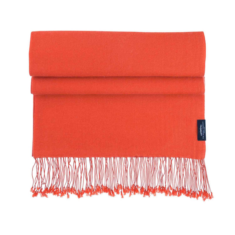 Genuine 100% cashmere pashmina in rich burnt orange tasselled fringe lightweight & warm finest-quality By The Wool Company